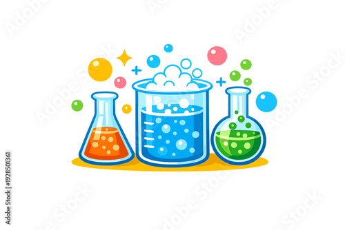 This vector illustration features three glass lab containers filled with vibrant bubbling liquids in orange, blue, and green, surrounded by colorful bubbles on a black backdrop.