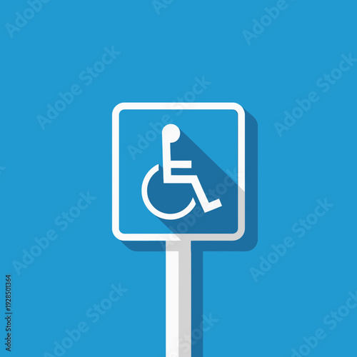Accessible Parking Sign Depicting Accessibility Icon on Blue Background with Long Shadow