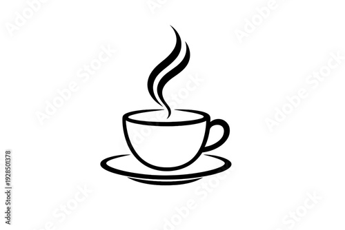 A minimalist white line art illustration of a steaming cup of coffee or tea resting on a saucer, set against a solid black background for a high contrast look.
