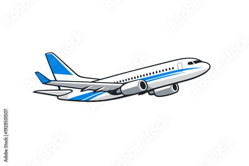 A stylized illustration of a commercial passenger airplane flying against a solid black background. The aircraft features a white body with blue stripes and two jet engines.
