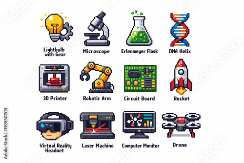 Pixel art icons: tech gadgets and science elements collection