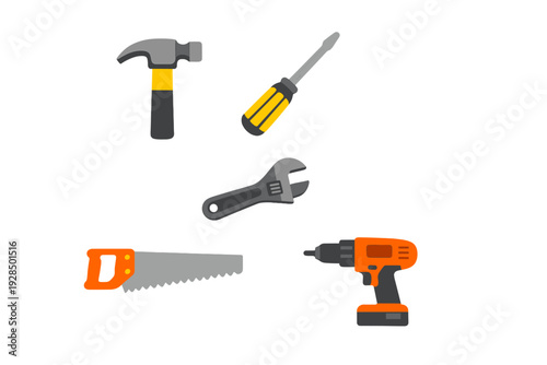 A collection of five essential construction and DIY tools including a hammer, screwdriver, wrench, hand saw, and power drill, presented in a flat illustration style on a black background.