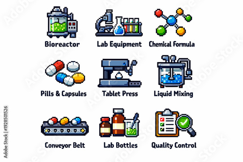 Pixel art of lab equipment and processes in pharmaceuticals