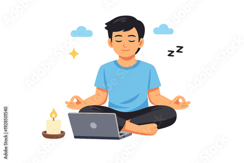 A flat vector illustration of a man meditating in a lotus pose with a laptop and a lit candle. He has his eyes closed and hands in a mudra position against a dark background.