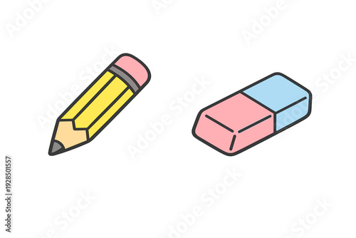 This graphic illustration shows a yellow pencil with a pink eraser tip alongside a pink and blue rectangular eraser, both isolated on a solid black background.
