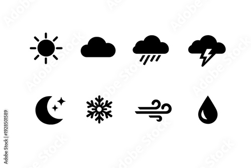 A collection of eight minimalist weather icons featuring symbols for sun, clouds, rain, lightning, night, snow, wind, and a water drop, presented in white line art on a black background.