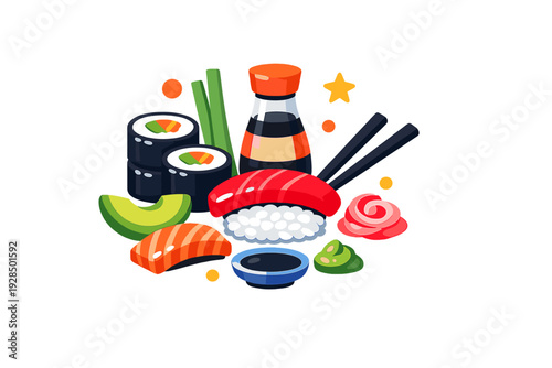 Colorful vector illustration of various sushi types including nigiri and maki rolls, accompanied by ginger, wasabi, soy sauce, and chopsticks on a dark background.