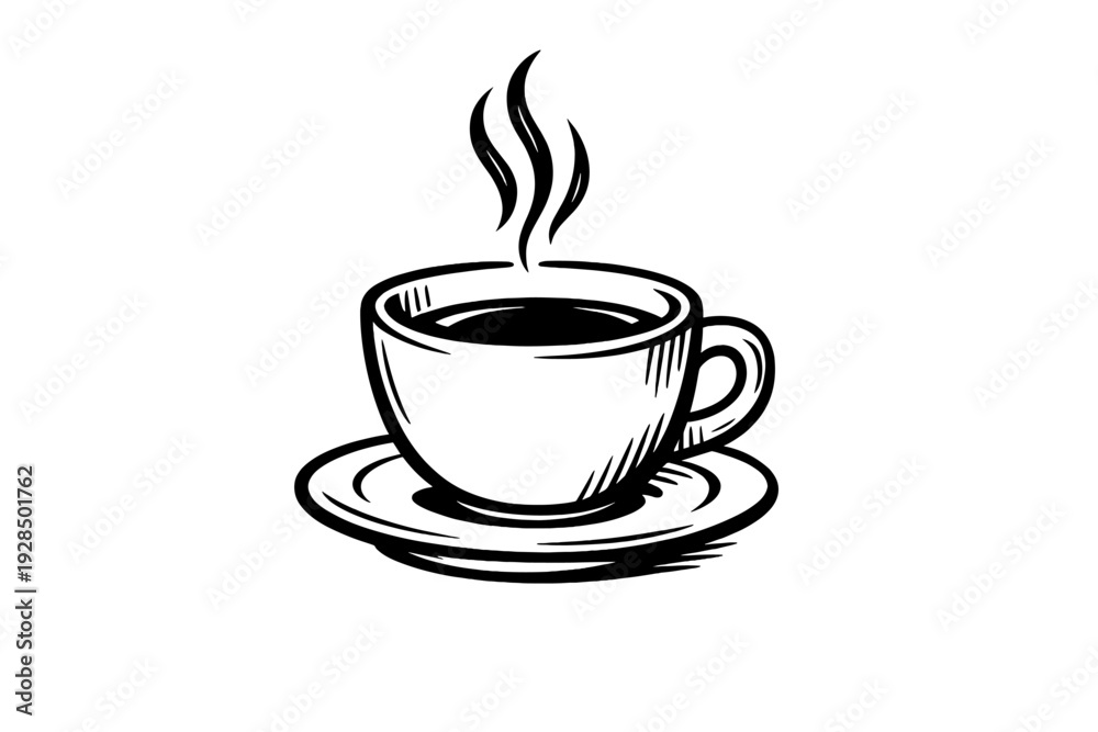 Obraz premium A minimalist black and white line drawing of a steaming cup of coffee or tea sitting on a saucer. The simple sketch features elegant curves representing rising steam against a dark background.