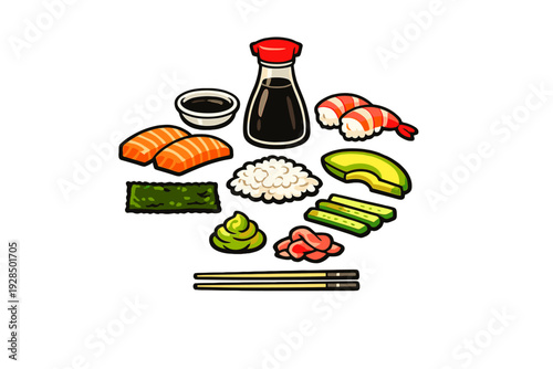 A cartoon illustration of various sushi ingredients including salmon, shrimp, rice, avocado, and seaweed, arranged around a soy sauce bottle and chopsticks on a black background.