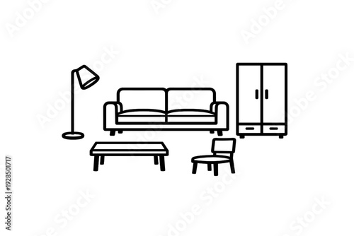 This minimalist line art illustration depicts a living room interior with a sofa, floor lamp, wardrobe, coffee table, and chair, all rendered in white lines on a black background.