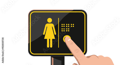 Accessible Restroom Sign Featuring Braille And A Human Hand Touching The Button