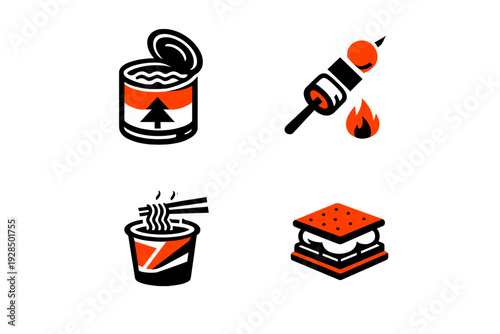 A set of four minimalist orange and black icons depicting the process of making marshmallow treats, including roasting over a campfire and the final sandwich snack.