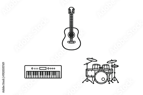 A minimalist black and white illustration featuring line art icons of an acoustic guitar, a digital keyboard, and a complete drum set arranged on a solid black background.