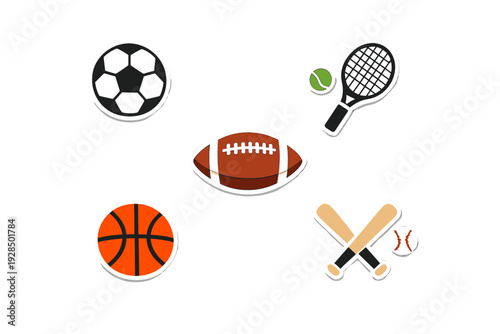 A collection of five sports equipment icons including a soccer ball, basketball, football, tennis racket, and baseball bats with a ball, all presented as stickers on a black background.