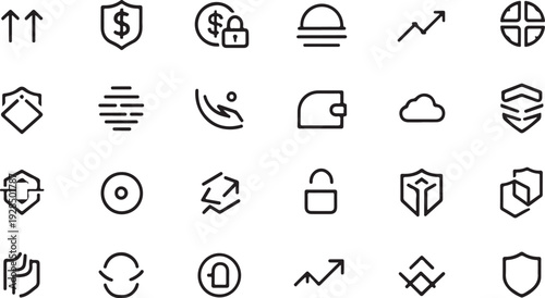 Set of 30 outline icons related to financial protection. Linear icon collection. Editable stroke.