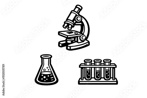 A collection of white laboratory equipment icons including a microscope, a conical flask, and a test tube rack with three tubes, all set against a solid black background.