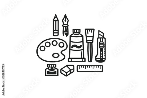 A collection of black and white line art icons depicting various art and craft supplies including a palette, paintbrush, pencil, ruler, eraser, and paint tube on a plain background.