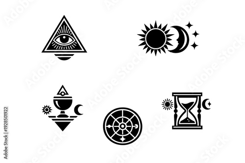 A collection of five white mystical symbols on a black background, including an all-seeing eye, sun and moon, chalice, wheel, and hourglass, representing esoteric and occult themes.