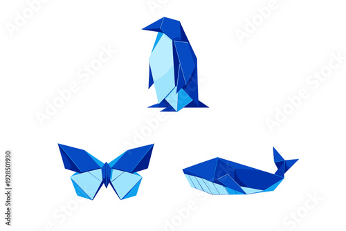Three blue origami animals including a penguin, a butterfly, and a whale are displayed against a solid black background. The digital art features a lowpoly geometric style with shades of blue.