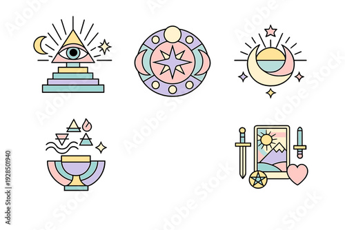 A collection of five mystical icons featuring esoteric symbols like an eye on a pyramid, moon phases, a chalice, and tarot elements in a soft pastel color palette on a black background.