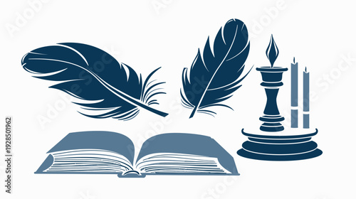 Illustration of quill pens, open book, and candles in a dark blue and grey color scheme