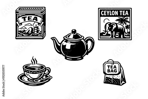 A collection of black and white woodcut style icons featuring a teapot, a steaming teacup on a saucer, a tea bag, a tea tin, and a Ceylon tea label with an elephant and palm trees.