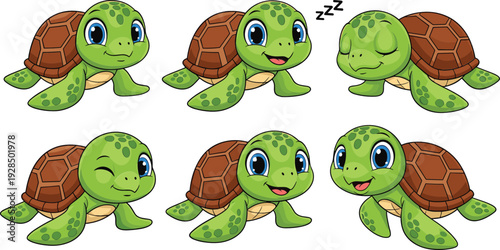 Cute sea turtle character set with different facial expressions cartoon marine animal vector illustration