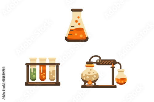 A flat illustration featuring various laboratory glassware including an Erlenmeyer flask, test tubes in a rack, and a distillation setup with boiling liquids on a dark background.