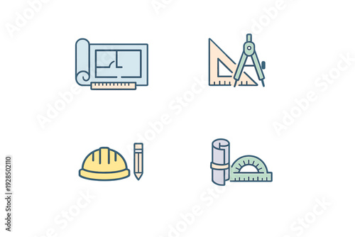 Four flat design icons for architecture and engineering on a black background, including a floor plan, safety helmet, compass, set square, and protractor with rolled blueprints.