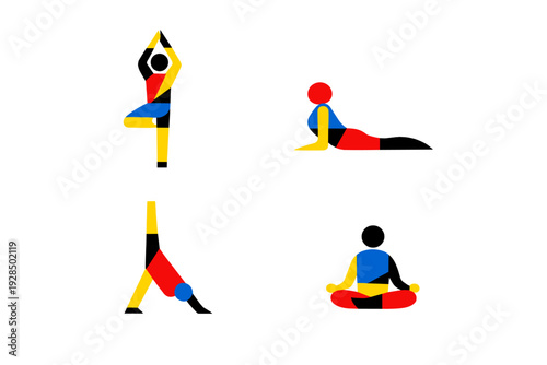 Four abstract figures in primary colors perform various yoga poses including tree, cobra, downward dog, and lotus positions against a solid black background in a minimalist style.