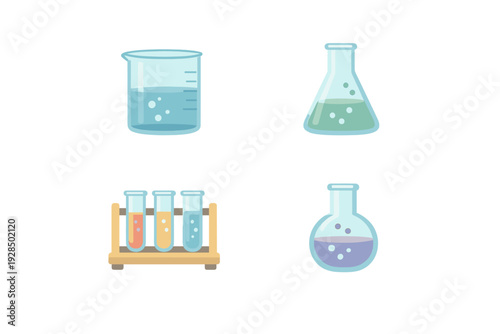 Vector illustration of various laboratory glassware such as a beaker, conical flask, round flask, and test tubes filled with colorful chemical liquids and bubbles on a black background.