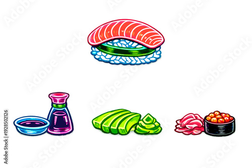 Vibrant digital illustrations of sushi components including salmon nigiri, soy sauce, avocado, wasabi, ginger, and roe, featuring glowing neon colors on a black background.