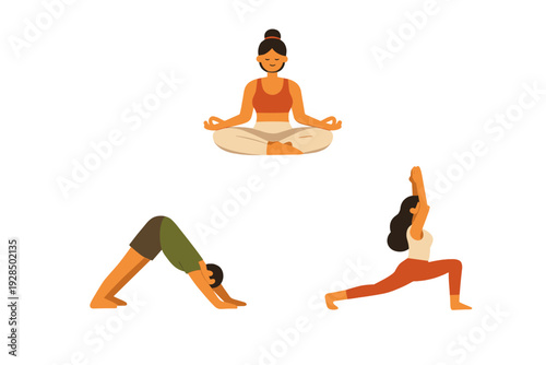 A flat vector illustration featuring three people practicing different yoga poses, including meditation, downward dog, and a lunge, set against a solid black background for a clean look.