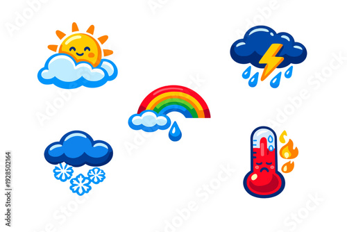 A collection of five colorful weather icons featuring a smiling sun, a stormy cloud with lightning, a rainbow with a raindrop, a snowy cloud, and a thermometer showing high heat.