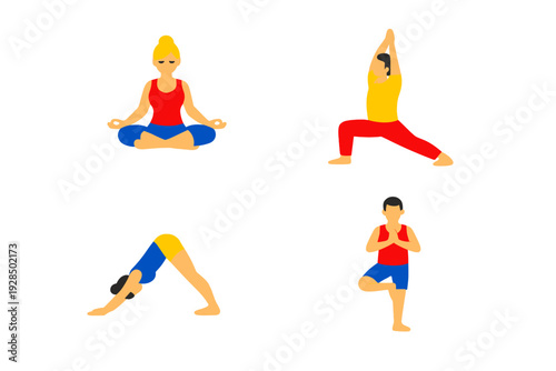 A collection of four flat vector illustrations showing diverse people practicing various yoga poses including lotus, warrior, downward dog, and tree pose on a black background.