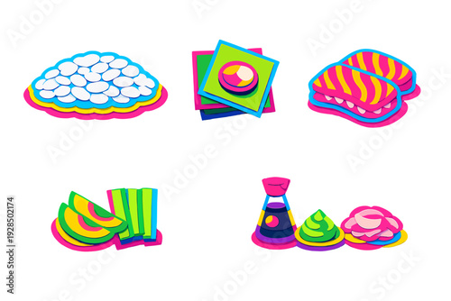 A collection of vibrant, neon-colored sushi illustrations featuring rice, rolls, nigiri, and condiments like wasabi and ginger, presented in a stylized paper-cut aesthetic on a black background.