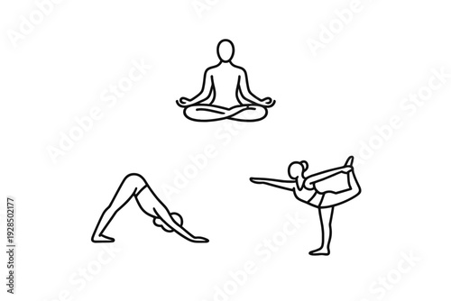 Three minimalist white line art icons of people performing various yoga poses, including meditation, downward dog, and dancer pose, set against a solid black background.