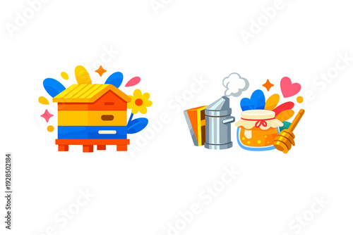 Colorful vector illustrations of a beehive and beekeeping equipment including a honey jar, smoker, and dipper, set against a black background with decorative floral elements.