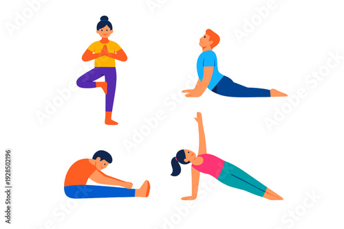 Colorful flat illustration featuring four diverse people performing various yoga poses including tree pose, cobra, seated stretch, and side plank on a solid black background.