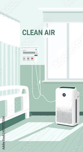 Air Purification Illustration: Modern Hospital Room Design Emphasizing Fresh and Healthy Atmosphere