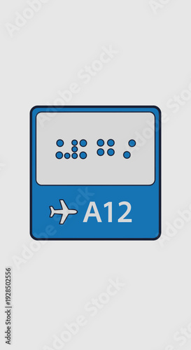 Airport Terminal Sign Featuring Braille and Aircraft Symbol Indicating Gate A12 Destination