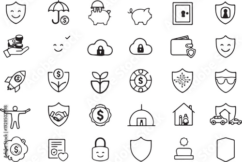 Set of 30 outline icons related to financial protection. Linear icon collection. Editable stroke.