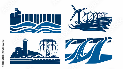 Four dark blue graphic illustrations featuring natural energy sources on a white background