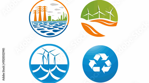 Collection of four circular illustrations promoting energy efficiency, recycling, and sustainable living