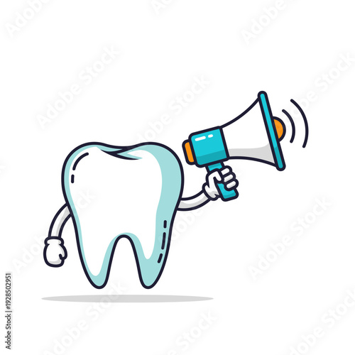Animated Tooth Broadcasting Dental Health Message With Megaphone on White Background