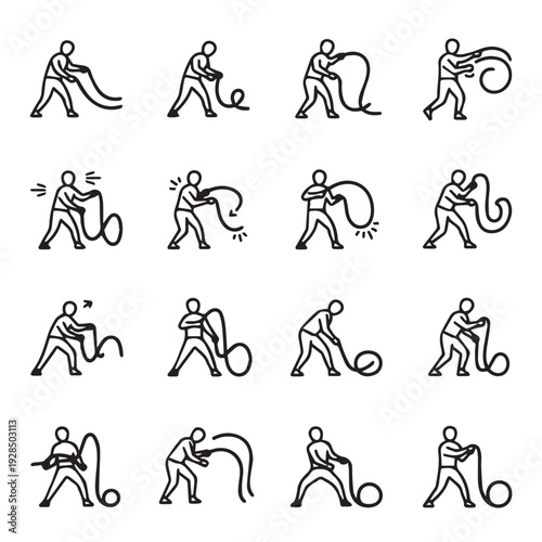 Person Performing Battle Rope Exercises Icon Set Workout Fitness Training Action Icons