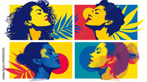 Four vibrant, stylized portraits of women in profile, using bold color blocks and natural elements