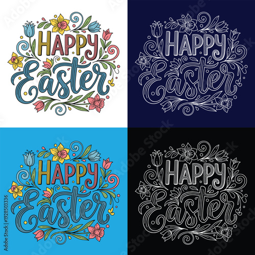 Happy Easter Floral Typography Illustration Set on Various Backgrounds