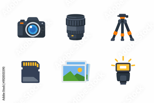 Camera equipment icons: camera, lens, tripod, memory card, photos, flash