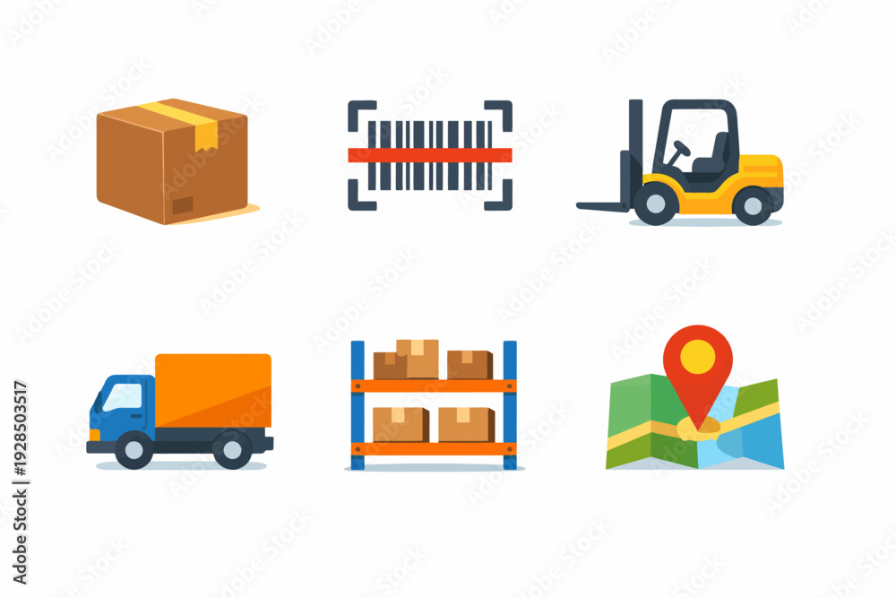 Naklejka premium Logistics icons: box, barcode, forklift, truck, warehouse, map pin for delivery services